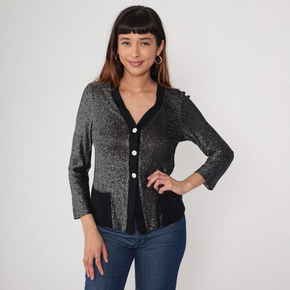 Metallic Cardigan 70s Black Silver Lurex Knit Button Front Long Sleeve Vintage Disco Glam Evening Party Cocktail Sparkle Medium M