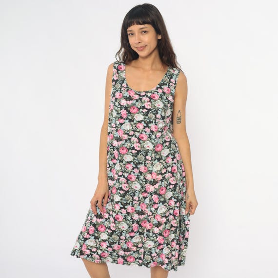 Cottagecore Floral Dress 90s Black Pink Rose Print Sleeveless Cross Back Vintage Summer Fairycore Garden Party Feminine Sundress Large L