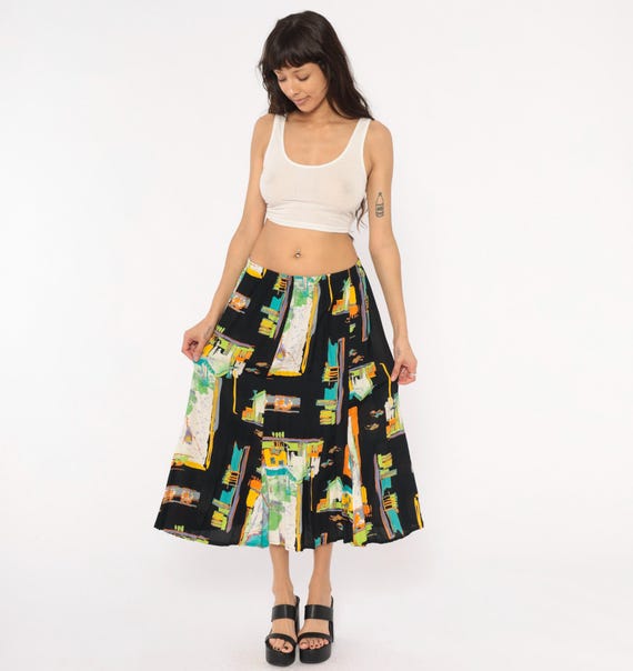 90s Artsy Maxi Print Skirt Cityscape Buildings Cars Pattern Flowy Black Teal Orange Green Yellow Colorful Quirky Vintage Extra Large XL