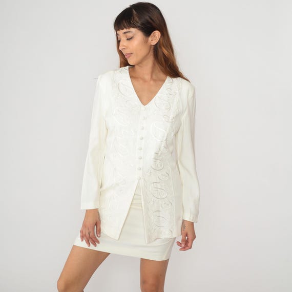 Embroidered Blazer Dress 90s White Button Front Cocktail Garden Party Formal Wedding Guest Vintage Ivory Cream Shift Tunic Medium M