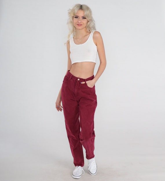 Burgundy Mom Jeans 90s Tapered Jeans High Waisted Rise Denim Pants Retro Streetwear Oxblood Red Basic Vintage 1990s Bill Blass Small S 27