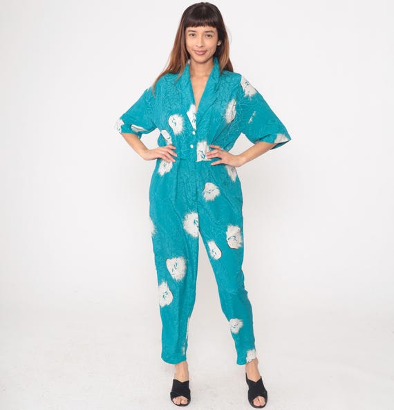 80s Turquoise Jumpsuit Blue White Floral Button Front Short Sleeve Elastic Waist Vintage One Piece Romper Teal Pantsuit Summer Medium M