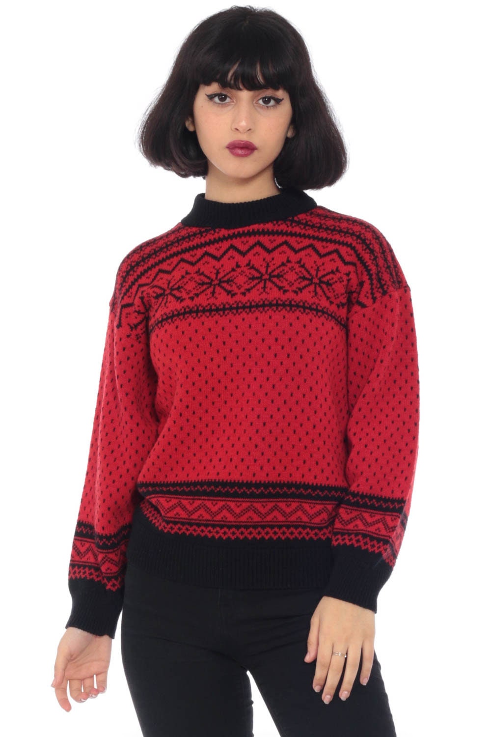 Norwegian Sweater Red Snowflake Sweater Nordic 80s Ski Geometric Fair Isle Knit Retro 1980s 