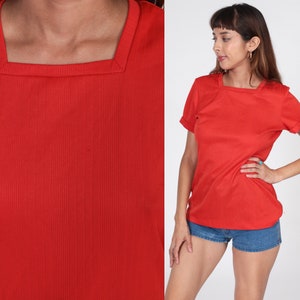 Red Ribbed Top 70s Shirt Square Neck Shirt Simple Polyester Shirt Short Sleeve Vintage 1970s Tee Retro Shirt Plain Top Large image 1