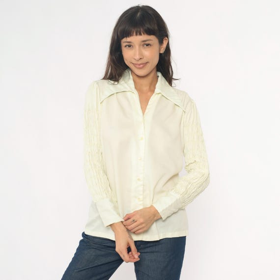 70s Blouse Pale Yellow Crinkled Smocked Sleeve Button Front Collared Office Vintage Secretary Career Work Shirt Textured Large L