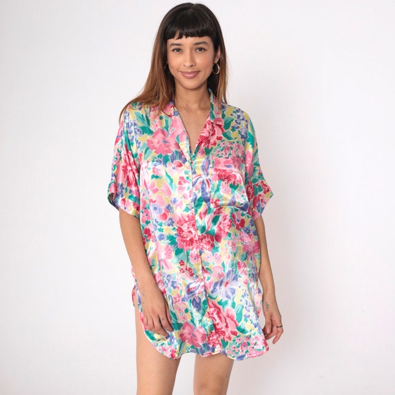 Floral Satin Nightie 90s Pajama Dress Shiny Button up Nightgown Mini Side Slit Short Sleeve Sleep Vintage 1990s Nordstrom Lingerie Large