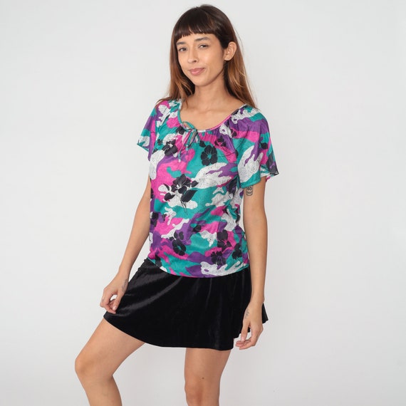 Keyhole Floral Shirt 80s Tropical Tie Neck Blouse Abstract Flower Print Top Boho Short Sleeve Retro Colorful Vintage 1980s Small Medium