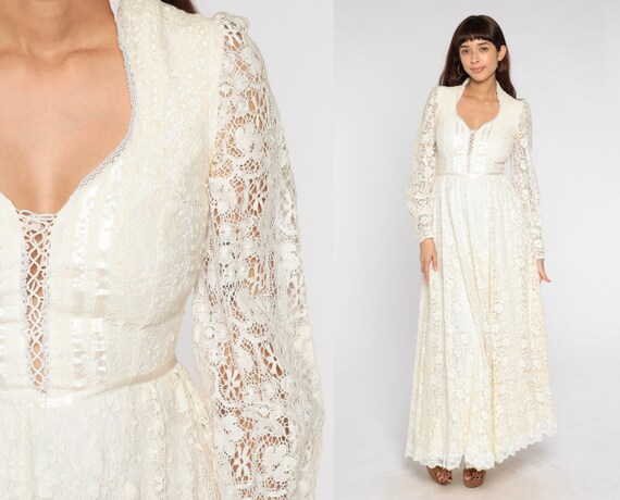 70s Prairie Dress White Lace Maxi Dress Lace Up Corset - Etsy.de