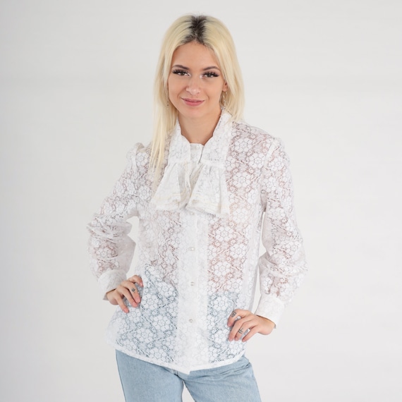 Lace Jabot Blouse 70s White Tuxedo Shirt Boho Lace Top Ruffle Shirt Button Up Vintage Bohemian 1970s Long Sleeve Medium