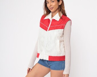 80s Ski Vest Red  White Puffer Vest Retro Western Vest Color Block Puffy Sleeveless Jacket Zip Up 1980s Vintage Medium small