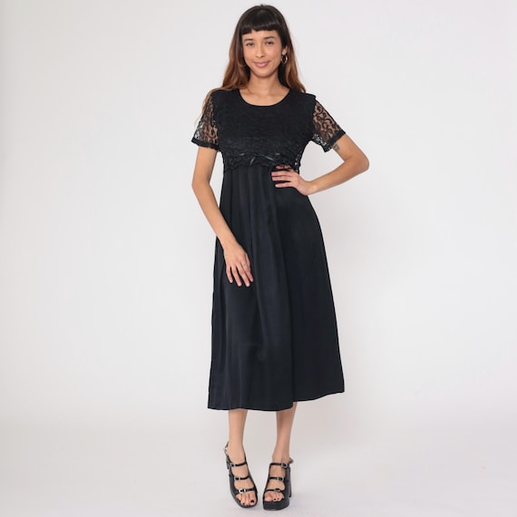 90s Whimsigoth Dress Black Lace Sheer Bodice Empire Waist Bow Detail Dark Romantic Gothic Evening Formal Party Cocktail Alternative Medium M