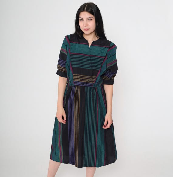 80s Striped Dress Vintage Black Teal Puff Sleeve Dress Midi High Waisted V Neck Multicolor Shimmery 1980s Short sleeve Small S