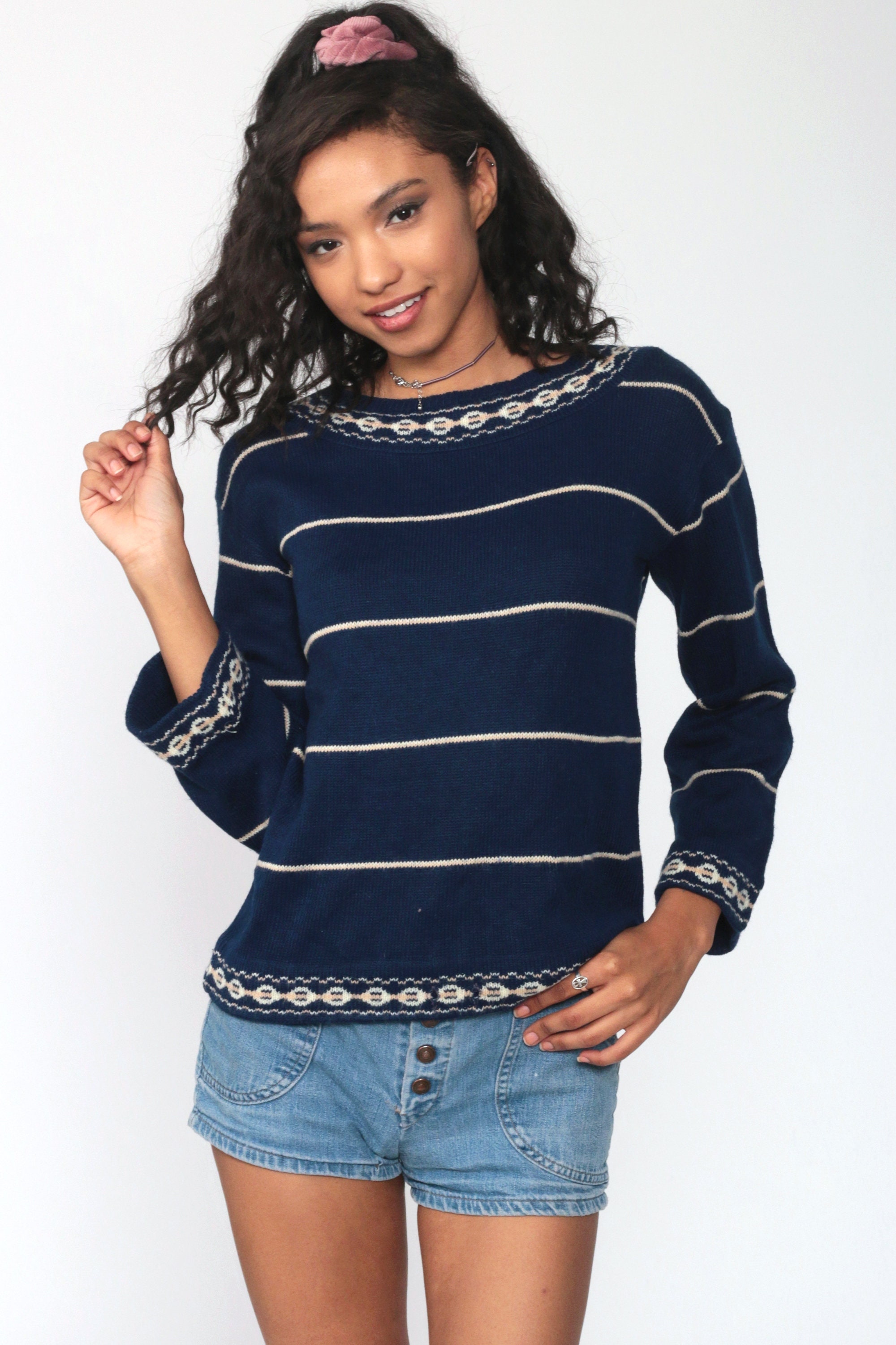 70s Boho Sweater Navy Blue Striped Hippie Bohemian Sweater Wide Bell Sleeve sweater Pullover 