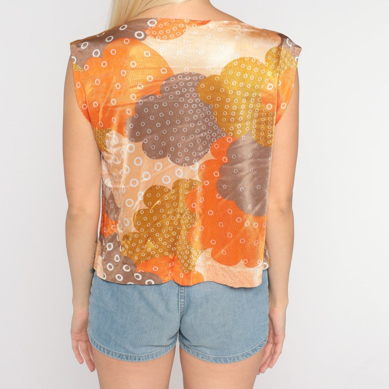 Cloud Print Top 70s Psychedelic Shirt Hippie Blouse Abstract Boho Sleeveless Boat Neck Mod Retro Cap Sleeve Orange Vintage 1970s Small S image 6
