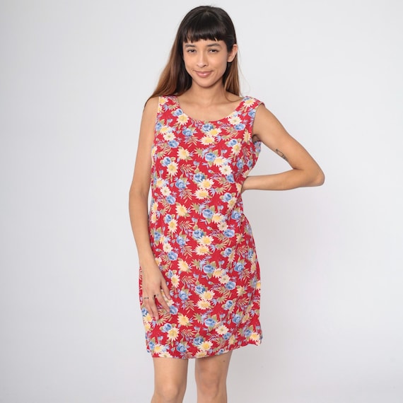 90s Floral Mini Dress Red Shift Sundress Grunge Wildflower Print Day Sun Sleeveless Summer Vintage Yellow Blue 1990s Small Medium
