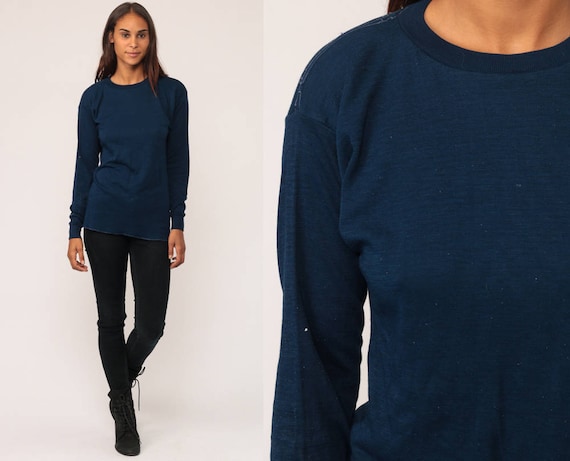 Dark Blue Shirt Long Sleeve TShirt Plain Shirt 80s T Shirt Navy DISTRESSED Grunge Top Hipster Retro Tee Vintage Normcore Large
