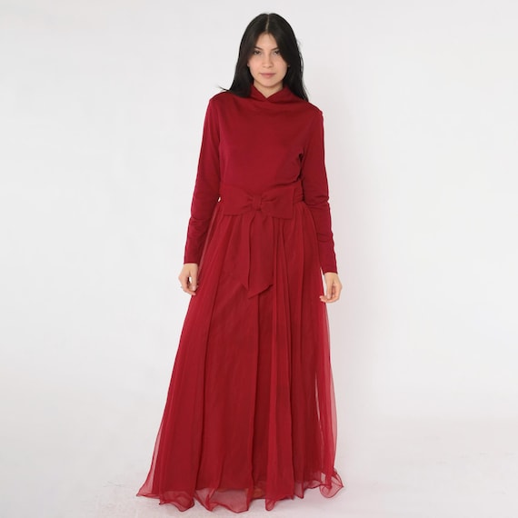 Vintage Burgundy Formal Gown 70s Chiffon Bow Maxi Dress Party Long Sleeve 1970s Boho High Waist Formal Eveningwear Miss Elliette Small