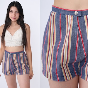 60s Striped Shorts Blue Trouser Shorts High Waisted Rise Mod Retro Pin Up Hot Pants Cotton Tan Red Boho Vintage 1960s Extra Small xs 25