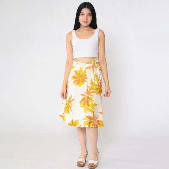 70s Floral Wrap Skirt Vintage Tropical Midi Skirt White Mustard Orange Flower Print Hippie Summer A-Line High Waisted Small xs