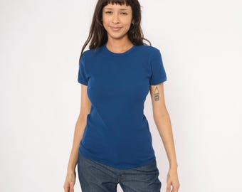 Cobalt Ribbed Tee 70s Fitted Short Sleeve Baby Top Royal Blue Knit Shirt Navy Slim Pullover Vintage Camisole Blouse Small To Medium S M