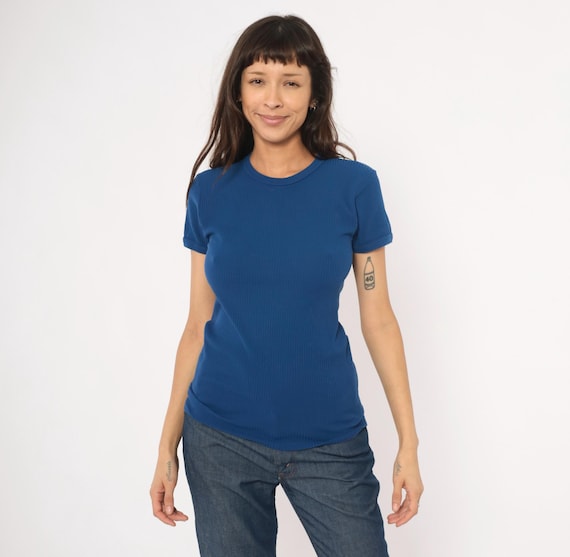 Cobalt Ribbed Tee 70s Fitted Short Sleeve Baby Top Royal Blue Knit Shirt Navy Slim Pullover Vintage Camisole Blouse Small To Medium S M