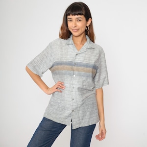 Camisa vintage de rayas grises de los años 80, camisa con botones, rayas color canela moteadas, manga corta con cuello, años 80, para hombre, talla mediana M