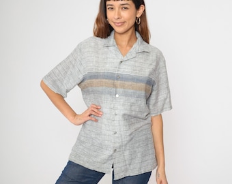 Vintage Grey Striped Shirt 80s Button Up Shirt Flecked Tan Stripe Short Sleeve Collared 1980s Men's Medium M