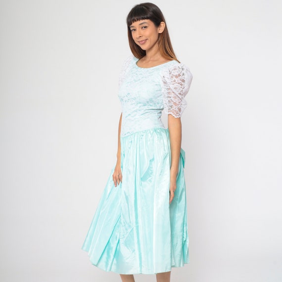 80s Party Dress Aqua Blue Taffeta Lace Dress Puff… - image 5