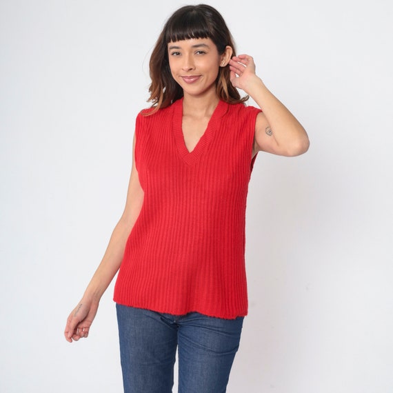 Red Sweater Vest 70s Ribbed Knit Tank Top Sleeveless Pullover V Neck Retro Preppy Knitwear Simple Basic Plain Acrylic Vintage 1970s Large L