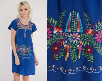Mexican Embroidered Dress 80s Blue Floral Mini Dress Short Sleeve Tent Embroidery Traditional Puebla Summer Day Sundress Vintage 1980s XS