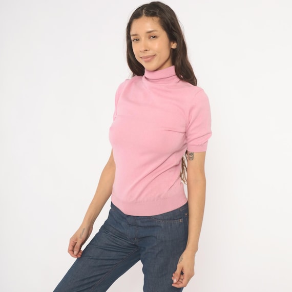 Pink Cashmere Turtleneck Blush Short Sleeve Knit Pullover Rose Fitted Sweater Top 2000s Y2K Ballet Polo Feminine Soft Small S