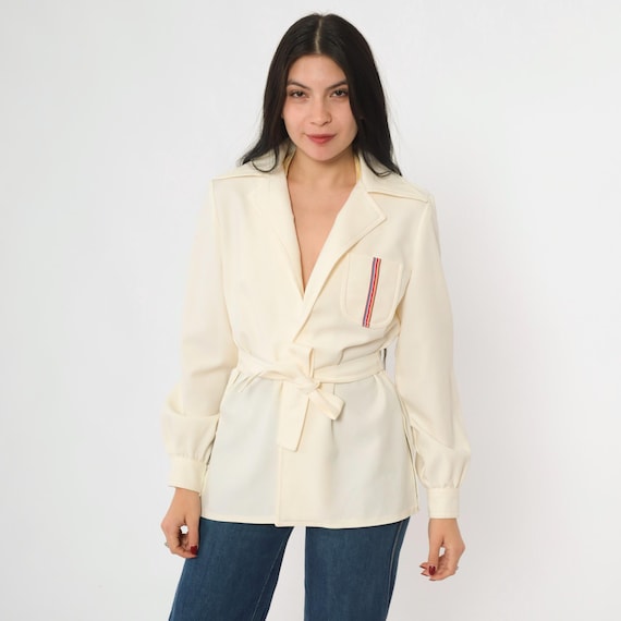 70s Cream Wrap Jacket Rainbow Striped Pocket Open Front Blazer Retro Dagger Collar Boho Hippie Jacket Bohemian Plain Vintage 1970s Medium M