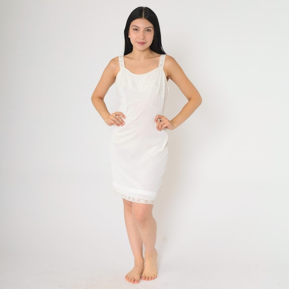 70s White Slip Dress Lace Trim Lingerie Nightgown Mini Full Slip High Waist Spaghetti Strap Vintage 1970s Small 34 Average
