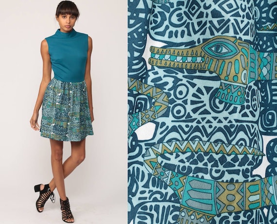 Boho Dress 70s ALLIGATOR PRINT Bohemian Mini High Waist Psychedelic Tribal Animal Sleeveless Hippie 1970s Blue Graphic Extra small xs
