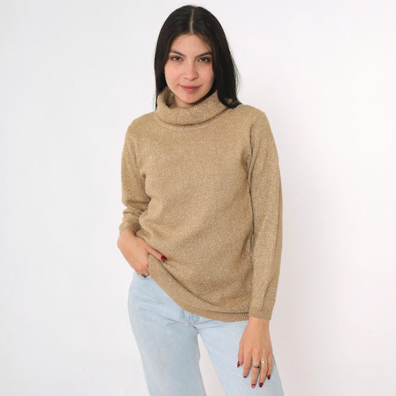 Vintage Gold Turtleneck Sweater 90s Sparkly Metallic Sweater Top Long Sleeve Pullover Shirt Basic Glam Glittery 1990s Wool Nylon Small S