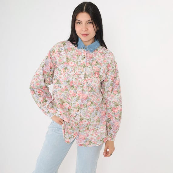 Vintage Pink Floral Blouse 90s Button up Shirt Denim Collar Indian Flower Print Top Long Sleeve Cotton Boho Retro 1990s Oversized Medium