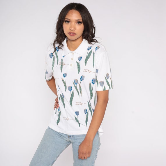 Floral Polo Shirt 90s White Sequin Tulip Flower Polo Shirt Short Sleeve Top Collared Quarter Button Up 1990s Vintage Medium