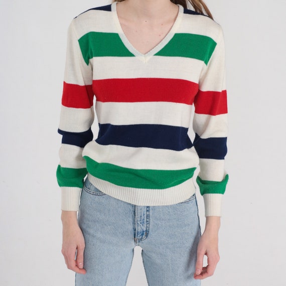 Striped Sweater 80s Knit Pullover V Neck Sweater … - image 7