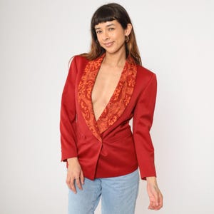 Vintage 80s Red Wool Blazer Paisley Collar Deep V Neck Made in Italy Double Breasted Bold Statement Jacket Size 38 Small