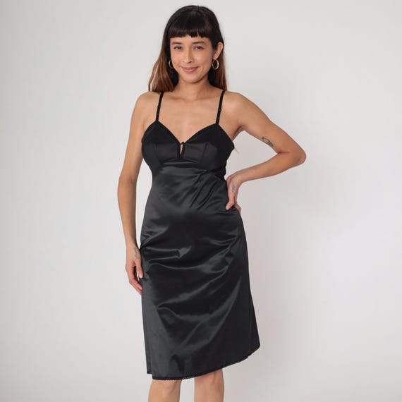 1980s Black Nylon Slip Dress Vanity Fair Lingerie Midi Length Lace Trim V Neck Nightgown Intimate Sleepwear Party Dress Small S
