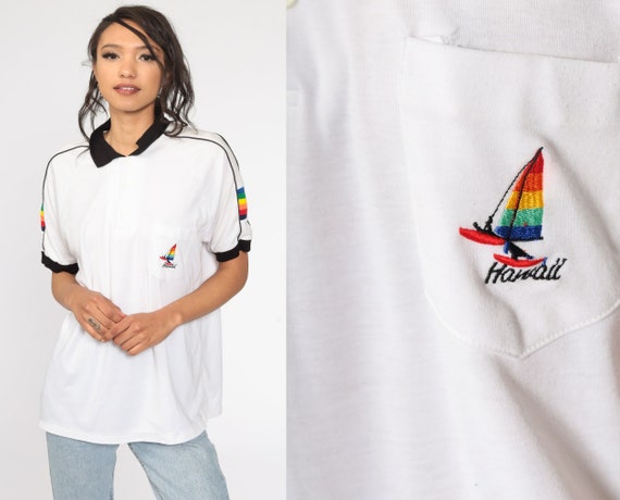 Hawaii Rainbow Shirt 80s Polo Shirt Vacation Striped Hawaiian Shirt Half Button Up Shirt Collared 1980s Nerd Retro Vintage Extra Large xl