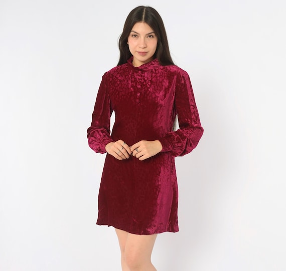 70s Crushed Velvet Mini Mod Dress Hot Pink Magenta Mock Neck Long Sleeve Button Front A Line Shift Cocktail Fuchsia Vintage Extra Small XS