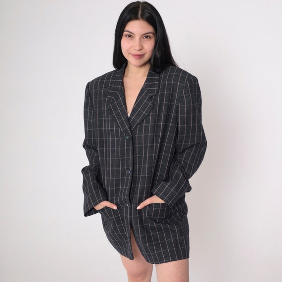 90s Checkered Wool Blazer Jacket Charcoal Grey Button up Jacket Preppy Academia Clueless Retro Vintage 1990s Extra Large xl 16