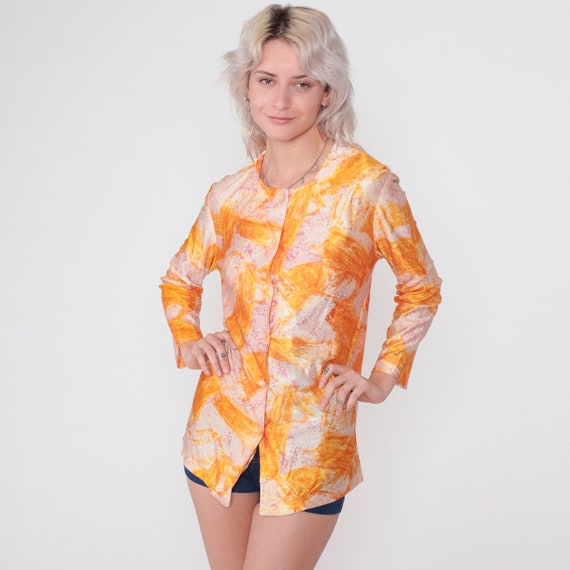 Abstract Print Blouse 70s Hippie Disco Shirt Psychedelic Brushstroke Print Long Sleeve Top Groovy Retro Orange Purple Vintage 1970s Medium M