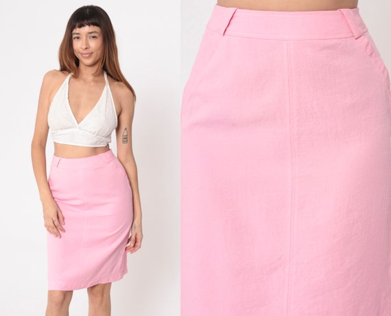 Bubblegum Pink Pencil Skirt 90s Knee Length Mini Skirt Simple High Waisted Retro Preppy Secretary Casual Plain Vintage 1990s Small Medium Etsy UK