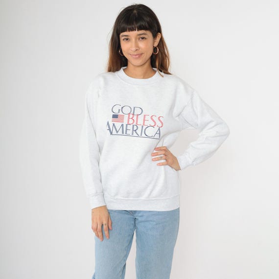 90s God Bless America Sweatshirt Patriotic Sweatshirt American Flag Graphic Shirt Heather Grey Pullover Vintage 1990s Medium Large
