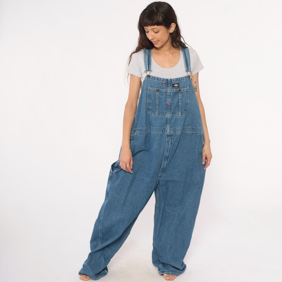 90s Dickies Overalls Denim Blue Baggy Workwear Carpenter Loose Fit Grunge Cotton Vintage Bib Front Pocket Coveralls Extra Large XL