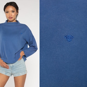 Blue Turtleneck Shirt 90s Embroidered Shell Long Sleeve Shirt 1990s Seashell Fan Tshirt Retro Tee Turtle neck Vintage Plain Extra Large xl