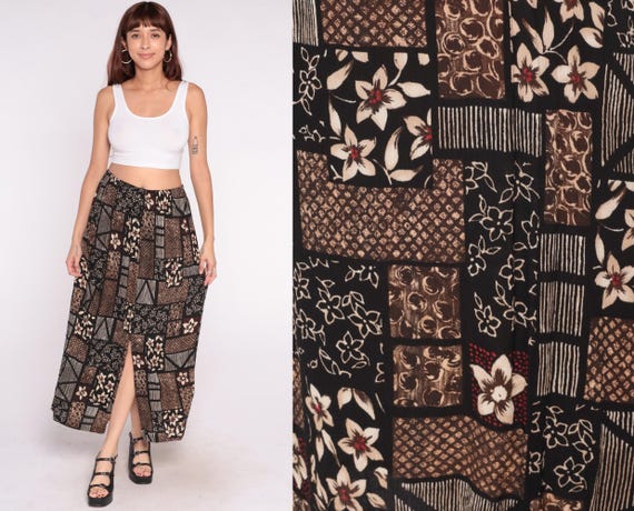 90s Patchwork Skirt Brown Black Cream Floral Geometric Elastic Waist Front Slit Cottagecore Prairie Vintage Grunge Summer Extra Large XL