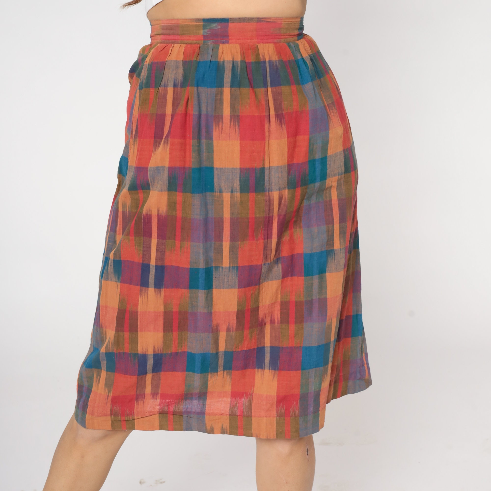 Checkered Skirt 80s Knee Length Summer Skirt Red Blue Orange Plaid